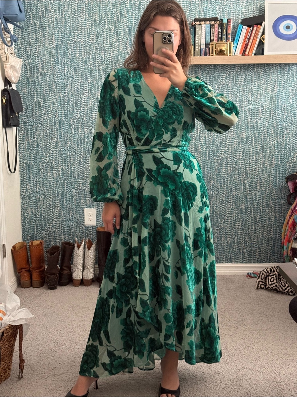 Hutch Green Floral Velvet Burnout Maxi Wrap Dress - Picture 4 of 4